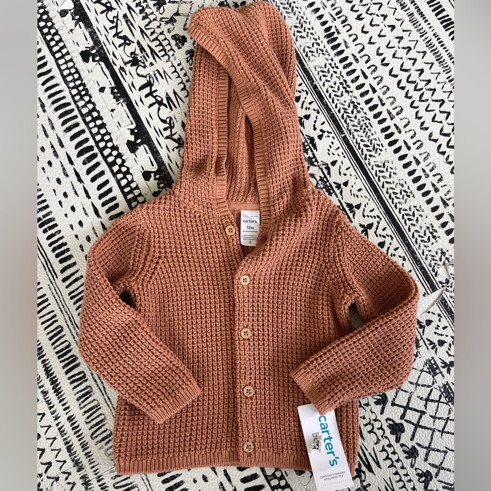 NWT Carters 12 Months Waffle Button Hooded Cardigan Rust Color